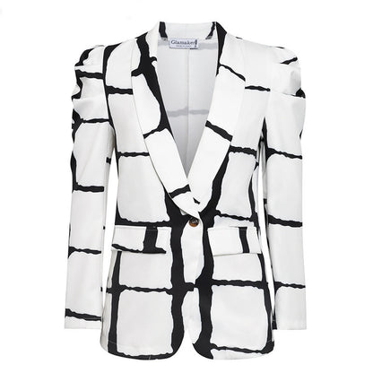 Laura – Deep V-Neck Plaid Blazer