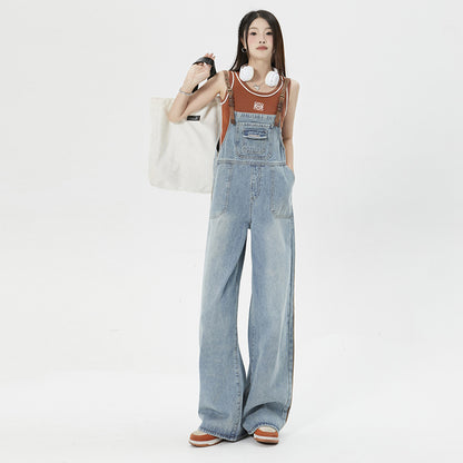 Washed Blue Loose Shoulder Strap Jeans