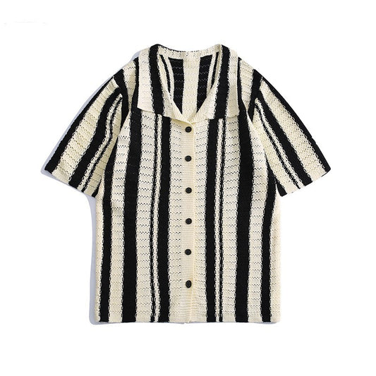 Denise – Hollow Out Striped Polo Collar Shirt