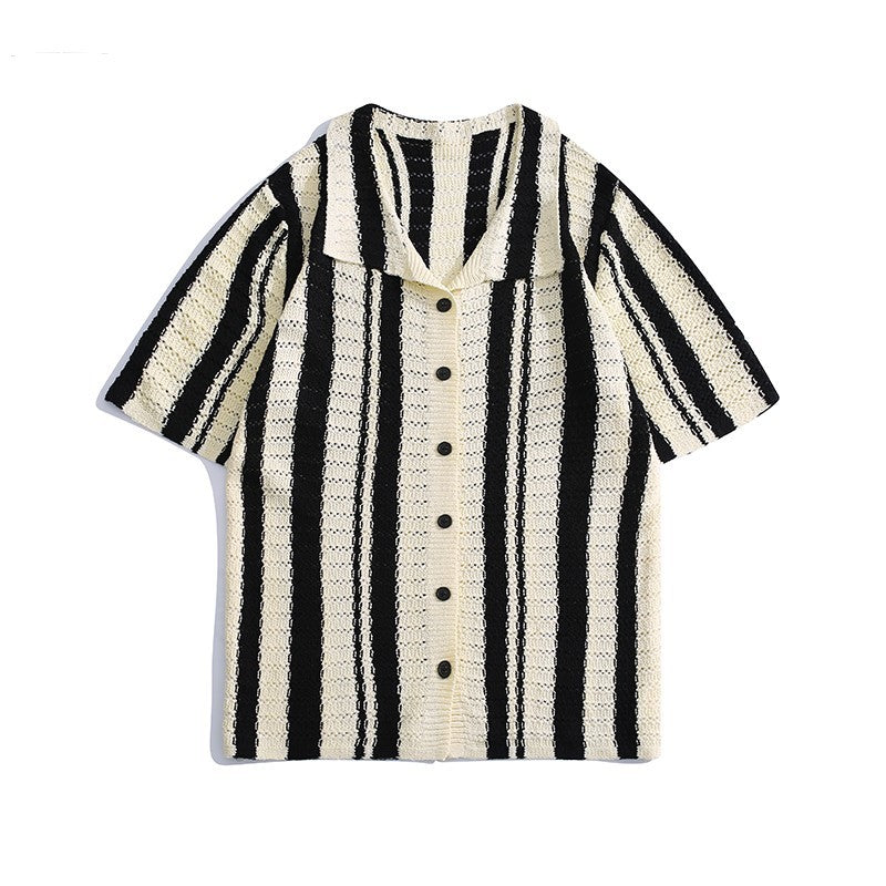 Denise – Hollow Out Striped Polo Collar Shirt