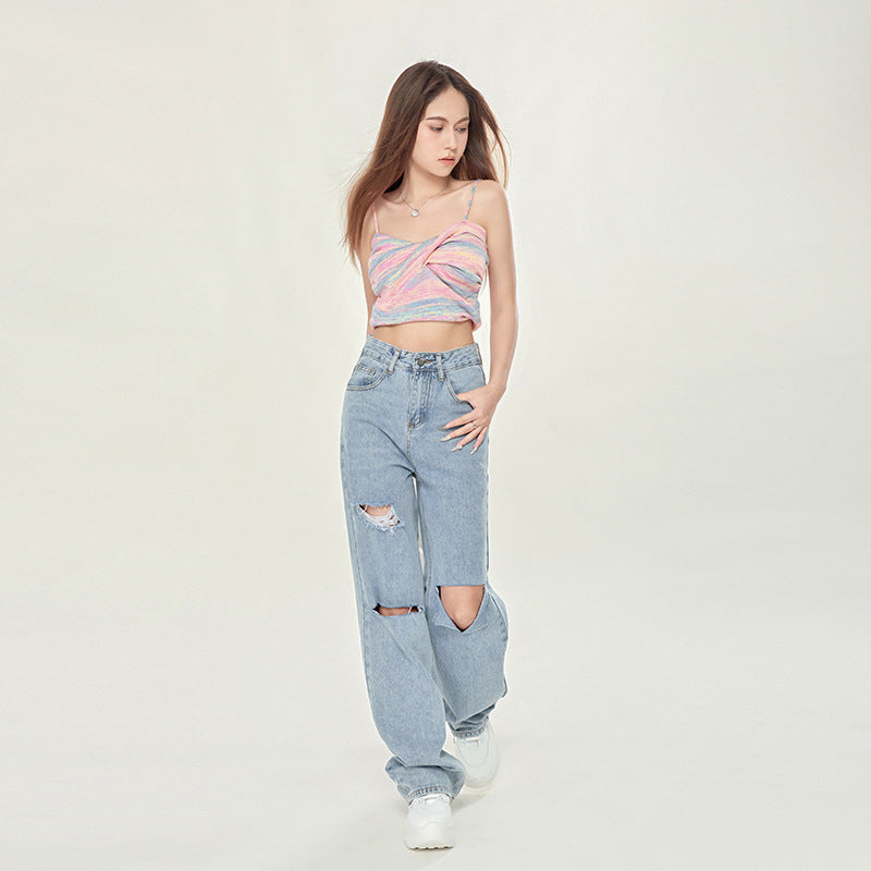Emma – High Waist Light Blue Ripped Wide-legged Jeans