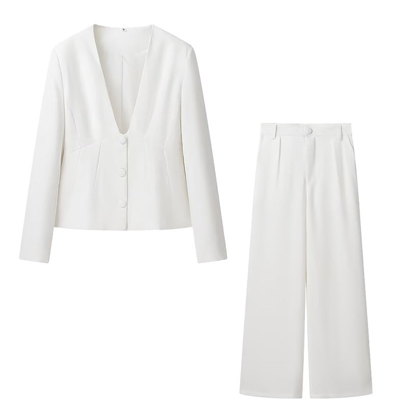 Denise – V-Neck Suit Coat with Wide Leg Pants Set