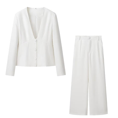 Denise – V-Neck Suit Coat with Wide Leg Pants Set