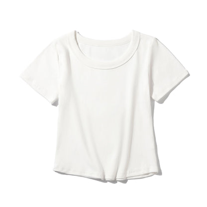 Carly – French-style O-neck Short Vegan Cotton T-shirt with Curved Hem