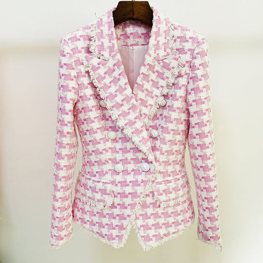Shannon – Wool Blazer with Houndstooth Pattern and Lion Buttons