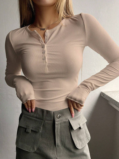 Mandy – Women's Half Button Threaded Long Sleeve T-shirt