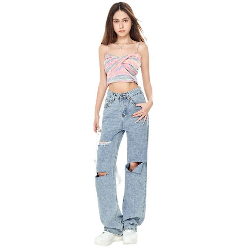 Emma – High Waist Light Blue Ripped Wide-legged Jeans