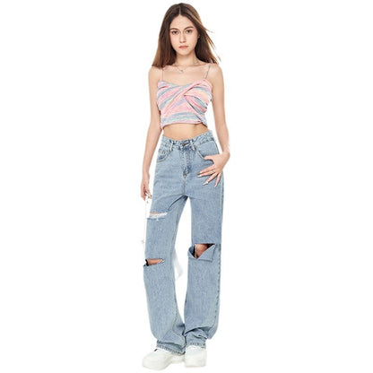 Emma – High Waist Light Blue Ripped Wide-legged Jeans