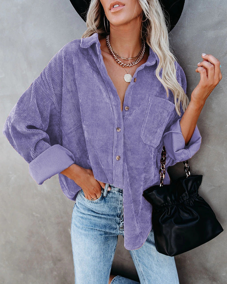 Phoebe – Women's Corduroy Casual Coat with Polo Collar