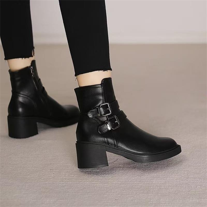 Patricia – Black Vegan Leather Mid Heel Boots