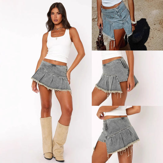 Alison – Irregular Pleated A-Line Denim Skirt