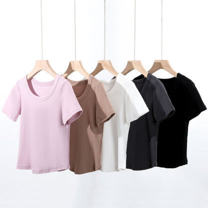 Carly – French-style O-neck Short Vegan Cotton T-shirt with Curved Hem