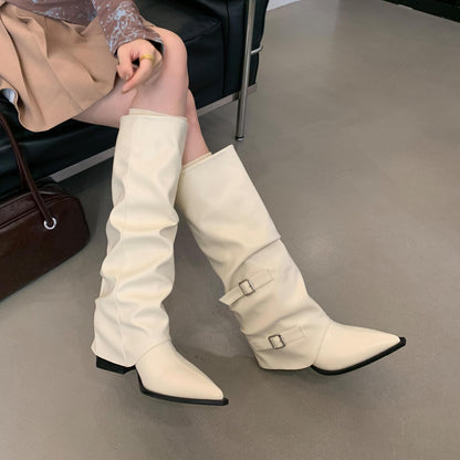 Kelly – Punk Mid-Heel Knee-High Boots with Buckle
