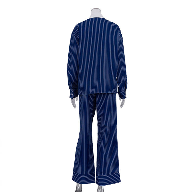 Glenn – Striped Polo Collar Shirt & Casual Pants Set