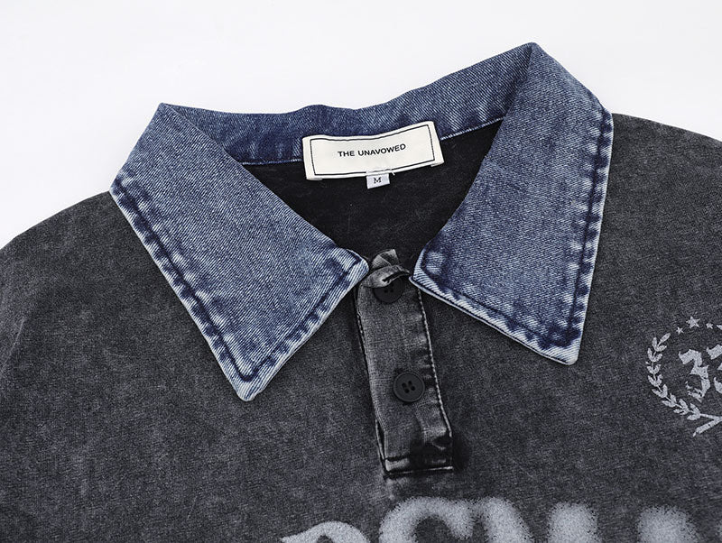 Wayne – Washed Letter Print Contrast Color Denim Short Sleeve T-shirt