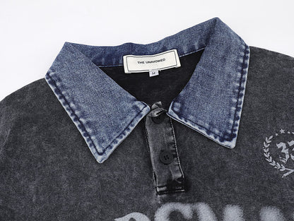 Wayne – Washed Letter Print Contrast Color Denim Short Sleeve T-shirt