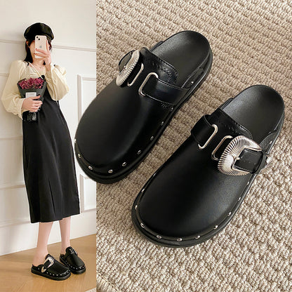 Mandy – Casual Vegan Leather Rivet Half Slippers