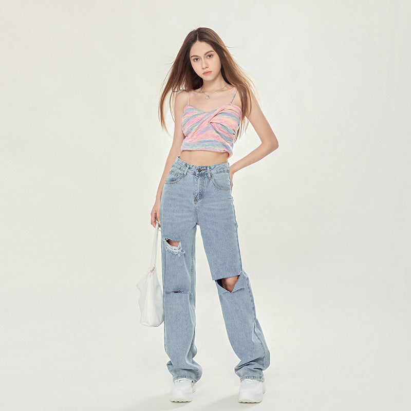 Emma – High Waist Light Blue Ripped Wide-legged Jeans