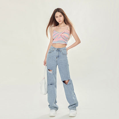 Emma – High Waist Light Blue Ripped Wide-legged Jeans