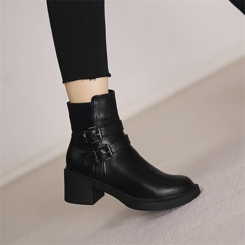 Patricia – Black Vegan Leather Mid Heel Boots