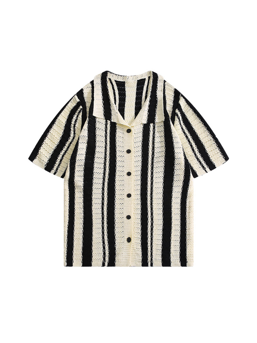 Denise – Hollow Out Striped Polo Collar Shirt