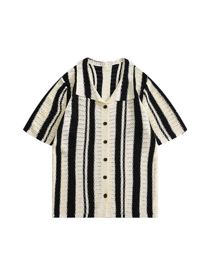 Denise – Hollow Out Striped Polo Collar Shirt