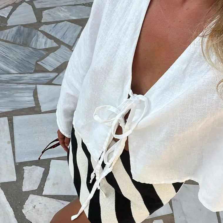 Melissa – Elegant Bell Sleeve Tie Top