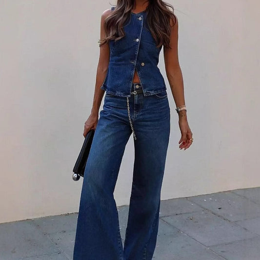 Zoe – Fashion Sleeveless Suit with Wide-leg Pants
