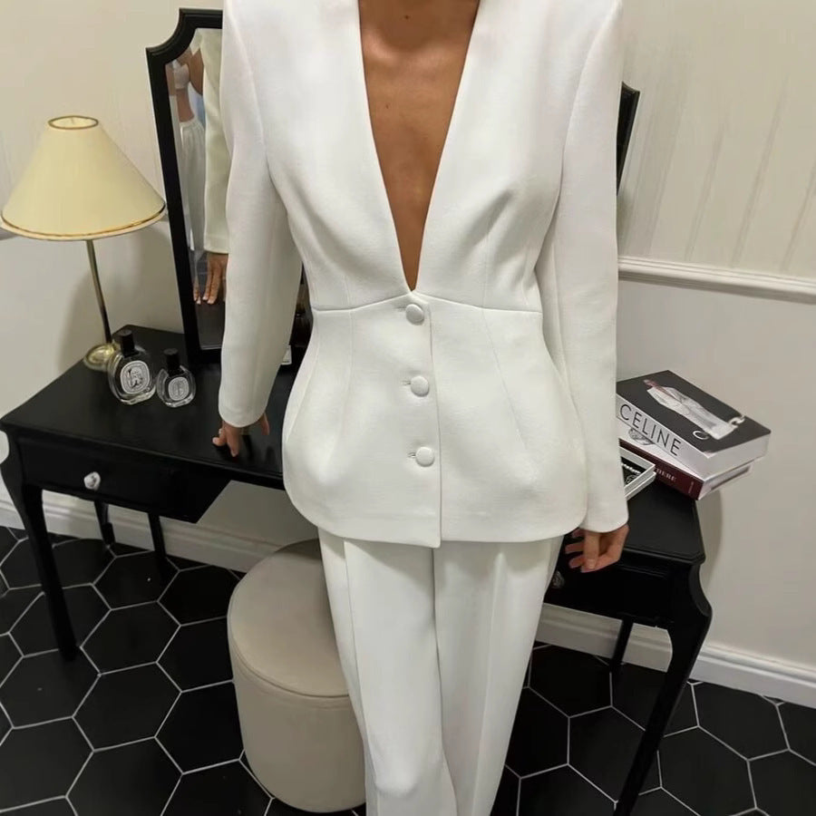 Denise – V-Neck Suit Coat with Wide Leg Pants Set