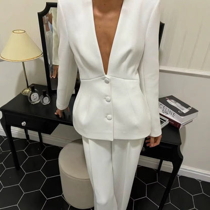 Denise – V-Neck Suit Coat with Wide Leg Pants Set