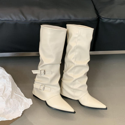 Kelly – Punk Mid-Heel Knee-High Boots with Buckle