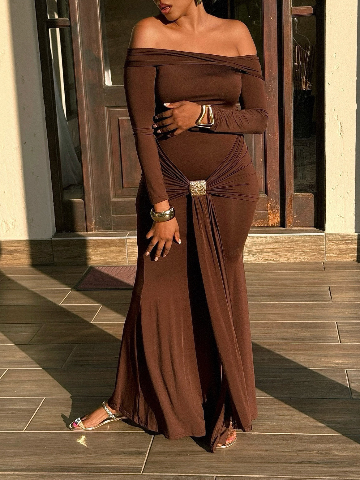 Off-the-shoulder Long-sleeved Maxi Dress