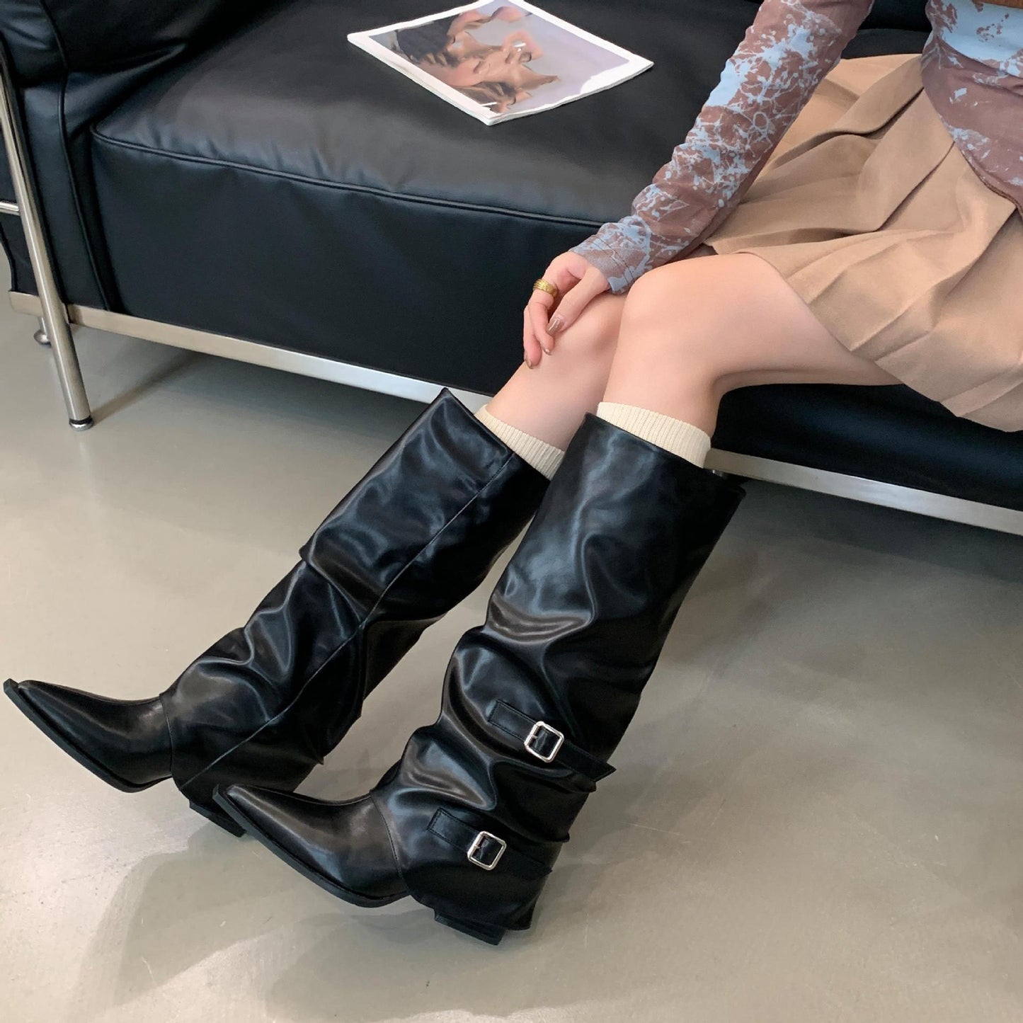 Kelly – Punk Mid-Heel Knee-High Boots with Buckle