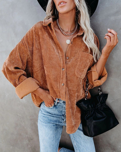 Phoebe – Women's Corduroy Casual Coat with Polo Collar