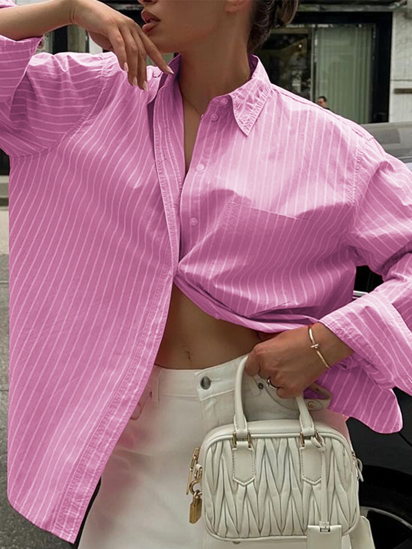 Ann – Loose Printed Striped Contrast Color Long Sleeves Top