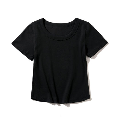 Carly – French-style O-neck Short Vegan Cotton T-shirt with Curved Hem