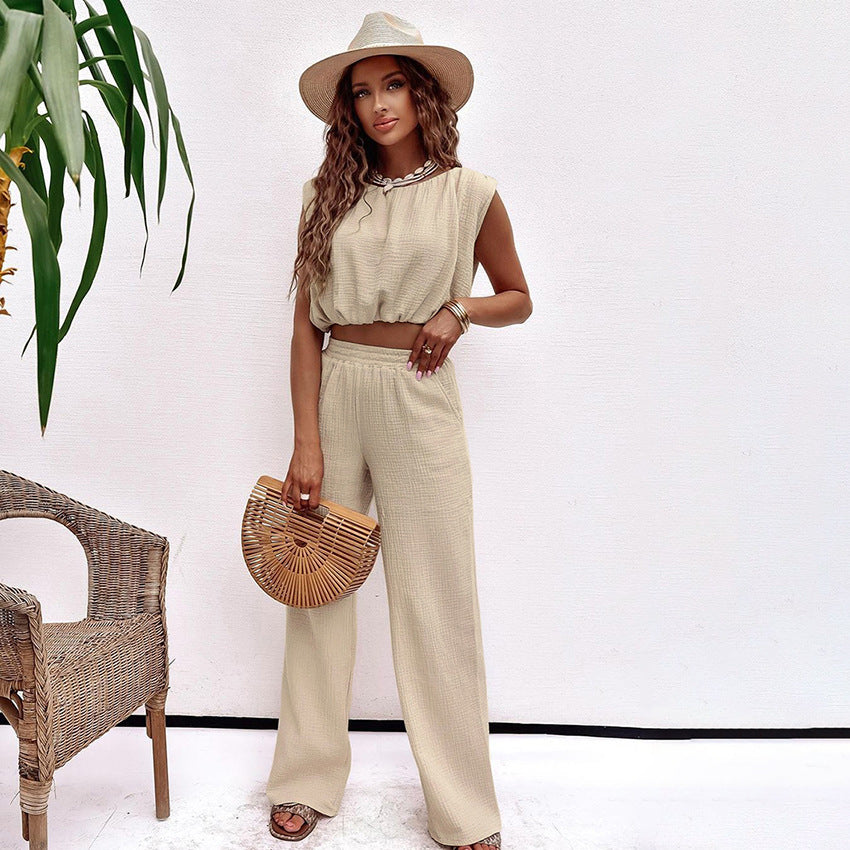 Grace – Casual Crepe Cotton Suit with Short Vest and Straight-leg Pants