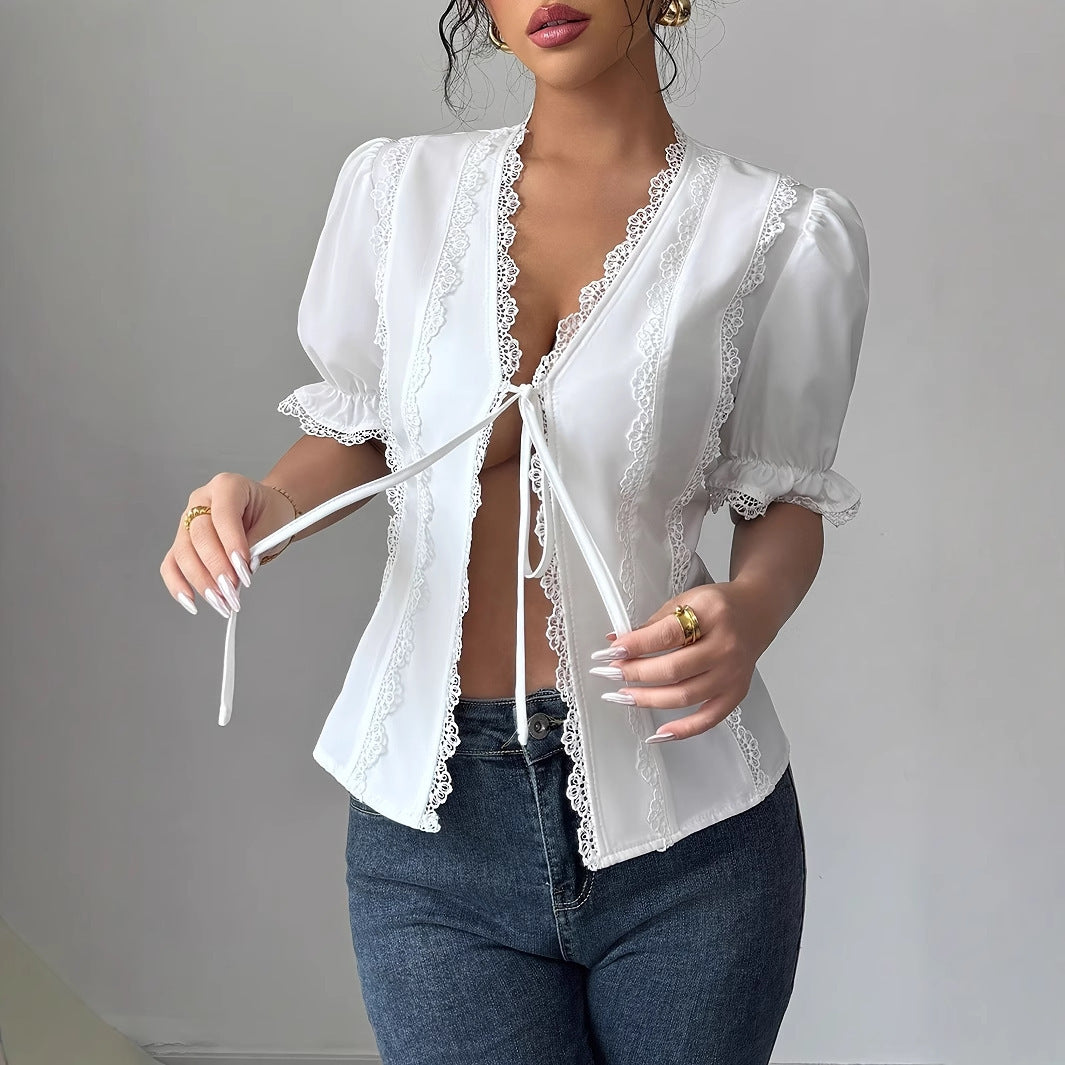 Ann – Women's V-Neck Lace-Up Pleated Shirt