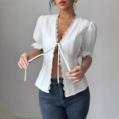 Ann – Women's V-Neck Lace-Up Pleated Shirt