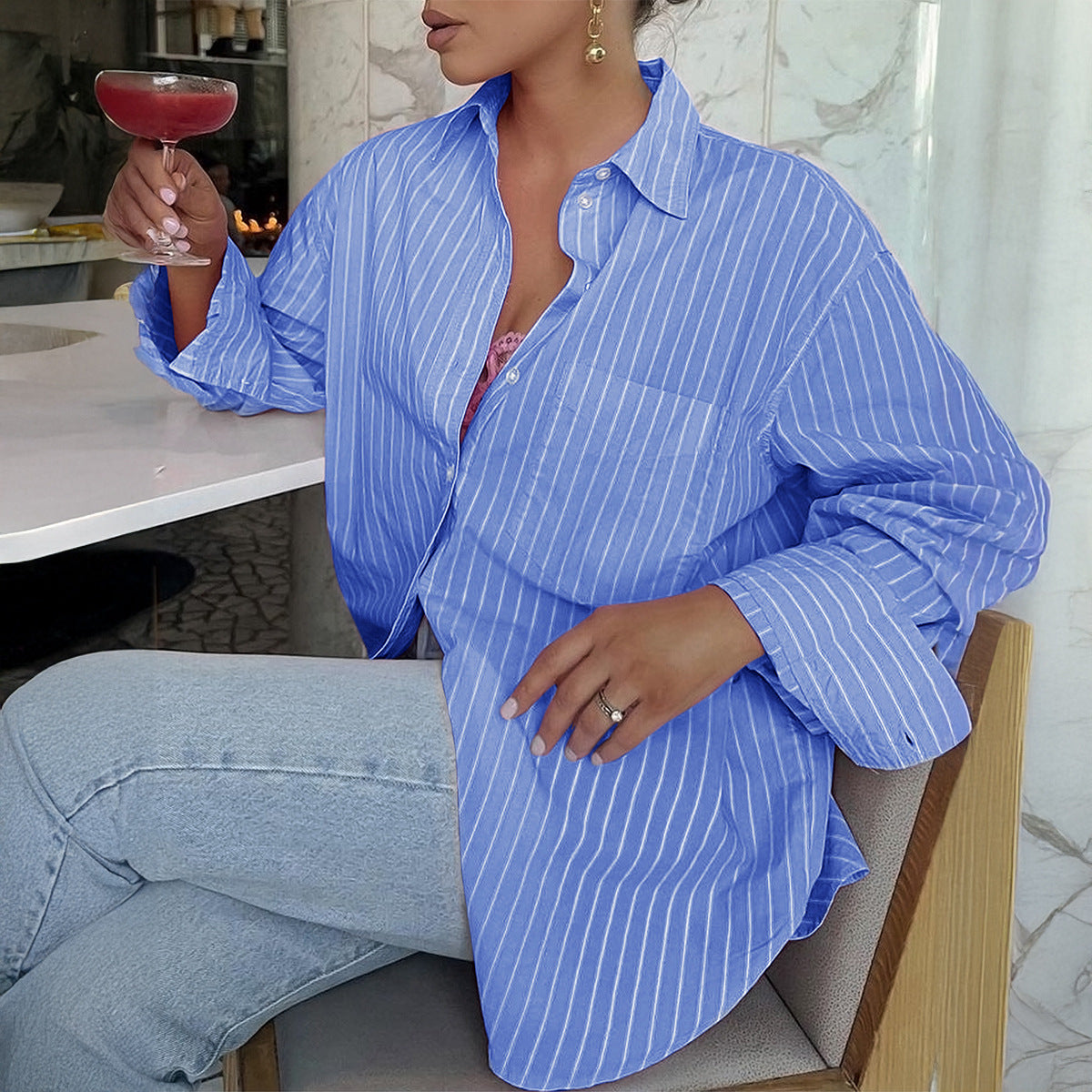 Ann – Loose Printed Striped Contrast Color Long Sleeves Top