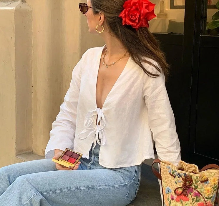 Melissa – Elegant Bell Sleeve Tie Top