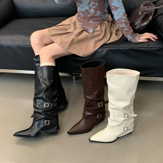 Kelly – Punk Mid-Heel Knee-High Boots with Buckle