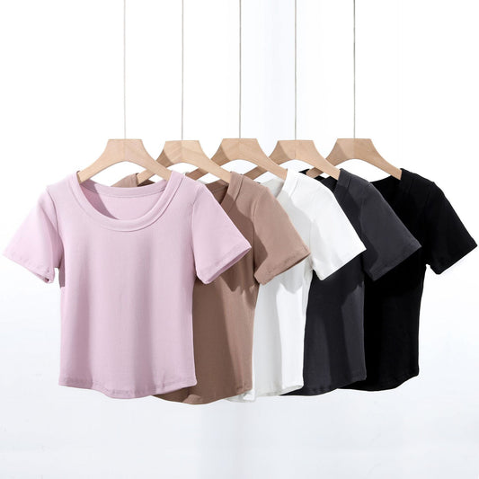 Carly – French-style O-neck Short Vegan Cotton T-shirt with Curved Hem
