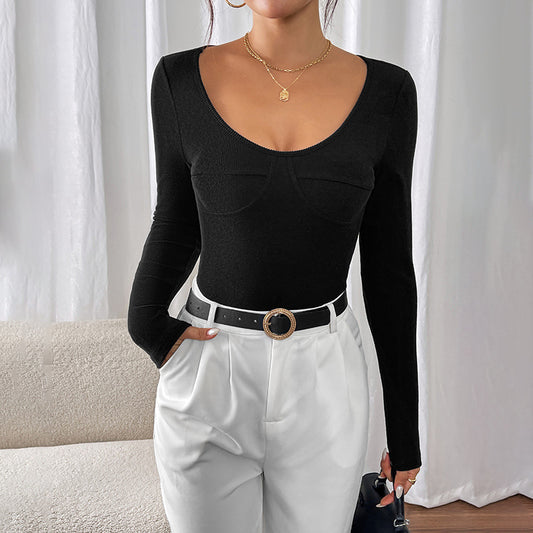 Women's Round Neck Brushed Black Long-sleeved Jumpsuit