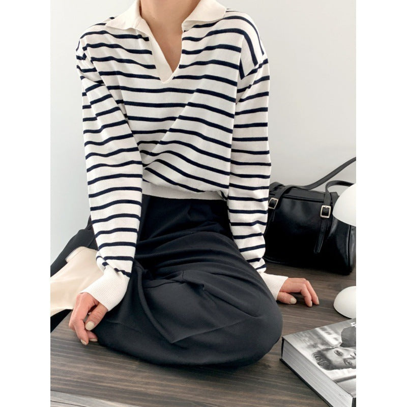 Shirley – Striped Knitted Polo Collar Top