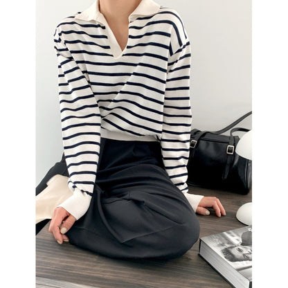 Shirley – Striped Knitted Polo Collar Top
