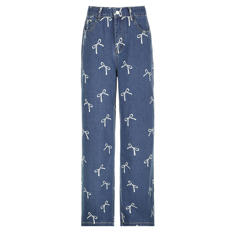 Megan – Vintage Bow Print Loose Jeans