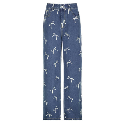 Megan – Vintage Bow Print Loose Jeans