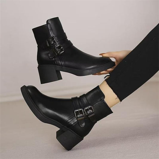 Patricia – Black Vegan Leather Mid Heel Boots