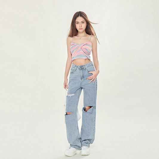 Emma – High Waist Light Blue Ripped Wide-legged Jeans